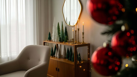 Cozy showing cozy indoor christmas decoration with small trees and candles on sideboard. resolution...