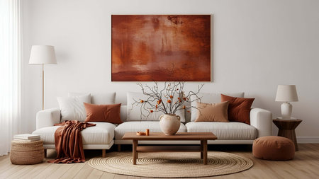 Living room showing cozy beige living room with rust colored abstract wall and sectional sofa. resolution use. Clear details and vibrant colors enhance visual appeal. living room, interior sectional sofa, beige sofa.の写真素材