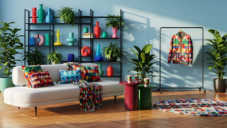 Colorful showing colorful living room interior with patterned decor and vibrant vases on shelves. resolution use. Clear details and vibrant colors enhance visual appeal. Colorful, living, room.の写真素材