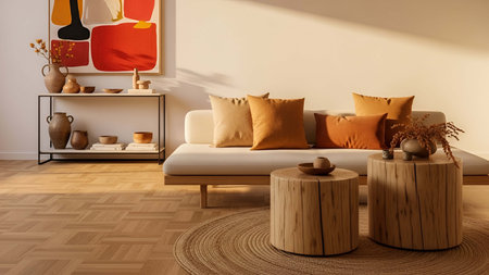 Cozy showing cozy living room with beige sofa orange pillows and wooden stump tables. resolution use. Clear details and vibrant colors enhance visual appeal. Cozy, living, room.の写真素材
