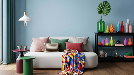 Living room showing cozy blue living room with white sofa colorful pillows and decorative vases. resolution use. Clear details and vibrant colors enhance visual appeal. living room, interior blue wall, white sofa.の写真素材