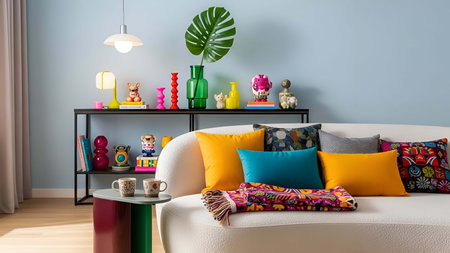 Cozy showing cozy living room with white sofa colorful pillows and decorative shelf. resolution use. Clear details and vibrant colors enhance visual appeal. Cozy, living, room.の写真素材