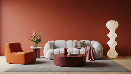 Living room showing cozy living room with white sectional sofa red coffee table and orange chair....