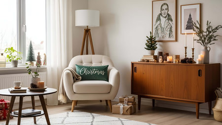Cozy showing cozy white armchair in christmas decorated living room with wooden sideboard. resolution use. Clear details and vibrant colors enhance visual appeal. Cozy, white, armchair.の写真素材