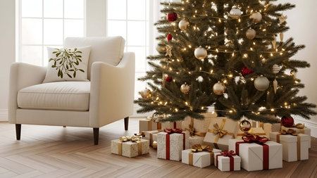Decorated showing decorated christmas tree with wrapped gifts in cozy living room setting. resolution use. Clear details and vibrant colors enhance visual appeal. Decorated, Christmas, tree.の写真素材
