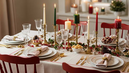 Festive showing festive holiday dinner table setting with white tableware red chairs and candles....