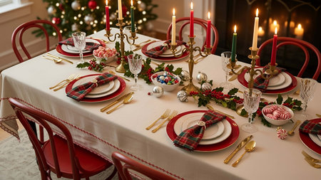 Festive showing festive christmas dinner table setting with plaid napkins red candles and holiday...