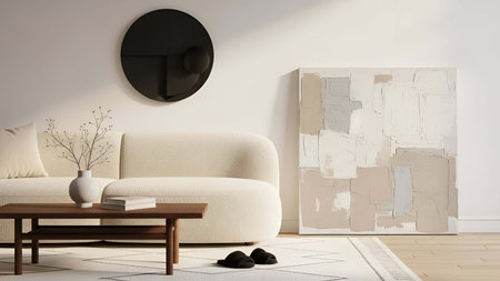 Living room showing light beige living room with round sofa abstract wall and round mirror....