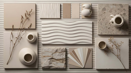 Neutral showing neutral color palette samples with ceramic bowls and dried plants. resolution use. Clear details and vibrant colors enhance visual appeal. Neutral, color, palette.の写真素材