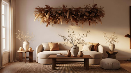 Neutral showing neutral toned living room with curved sofa dried floral decor and hanging...