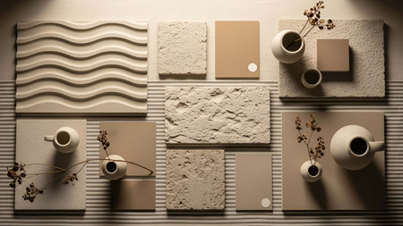 Neutral showing neutral beige texture samples with ceramic vases and dried branches flat lay. resolution use. Clear details and vibrant colors enhance visual appeal. Neutral, beige, texture.の写真素材