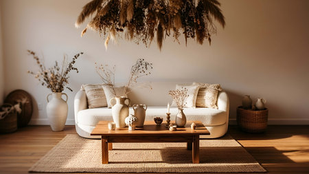Living room showing neutral toned living room with curved sofa dried plants and ceramic vases....