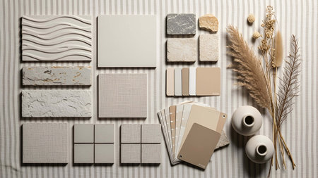 Neutral showing neutral color sample board with texture swatches and dried grasses. resolution use....