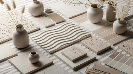 Neutral showing neutral toned samples with ceramic vases and textured surfaces. resolution use. Clear details and vibrant colors enhance visual appeal. Neutral, toned, samples.の写真素材