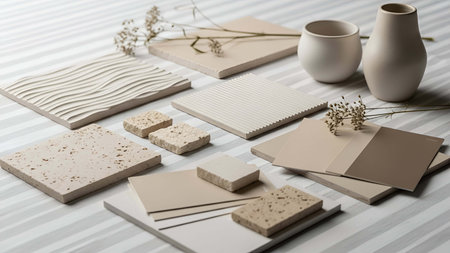 Neutral showing neutral toned samples and ceramic vases on striped background. resolution use. Clear details and vibrant colors enhance visual appeal. Neutral, toned, samples.の写真素材