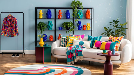 Living room showing bright eclectic living room with colorful vases sofa and geometric decor....