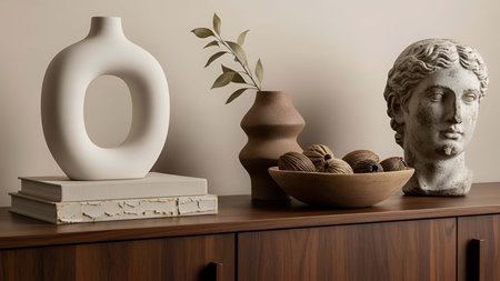 Beige showing beige and brown decorative vases walnut nuts and bust on wooden cabinet. resolution...
