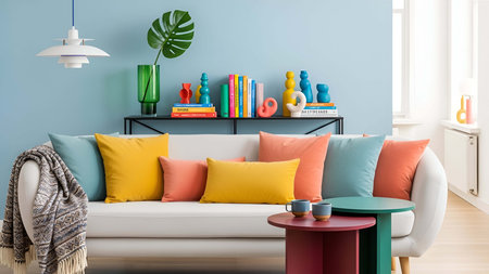Bright showing bright living room sofa with colorful pillows and decorative shelf. resolution use. Clear details and vibrant colors enhance visual appeal. Bright, living, room.の写真素材