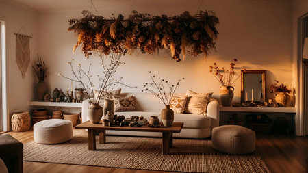 Cozy showing cozy beige living room with dried floral wall hanging and neutral decor. resolution use. Clear details and vibrant colors enhance visual appeal. Cozy, beige, living.の写真素材