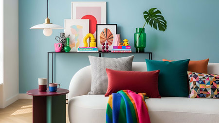 Cozy showing cozy light blue living room with colorful cushions and decorative console table....