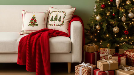 Cozy showing cozy white sofa with red throw and christmas tree and wrapped gifts. resolution use....