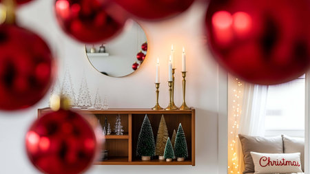 Festive showing festive christmas home decor with red baubles small trees and candles on shelf. resolution use. Clear details and vibrant colors enhance visual appeal. Festive, Christmas, home.の写真素材