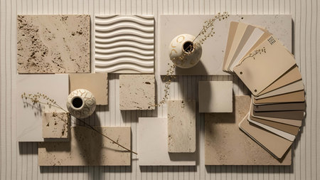 Neutral showing neutral color palette with beige stone tiles paint swatches and ceramic vases....