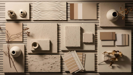Neutral showing neutral color palette with texture samples and ceramic vases flat lay. resolution...