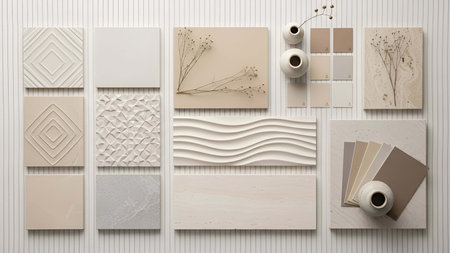 Neutral showing neutral toned texture and sample display with botanical decor. resolution use. Clear...