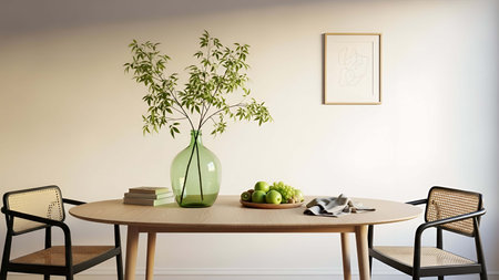 Round showing round wooden table with green vase plant grapes and books in minimalist interior....