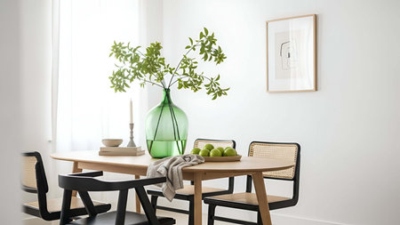 Round showing round wooden table with green apples wicker chairs and green vase plant indoors....