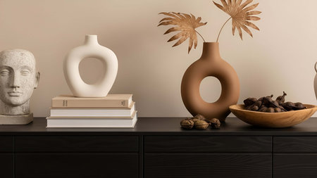 Minimalist showing minimalist beige and brown decor vases with dried leaves on dark shelf....
