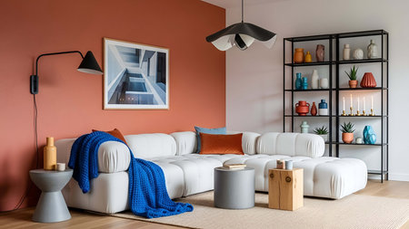 modern living room with orange wall and white sofa, 3d render