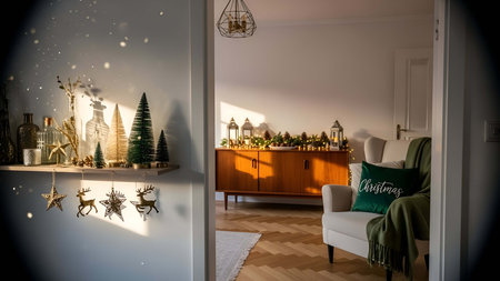 3D Illustration of a Christmas interior design with a Christmas tree