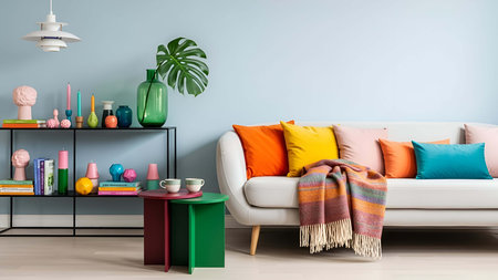 Modern interior of living room with sofa, bookshelf and colorful pillows