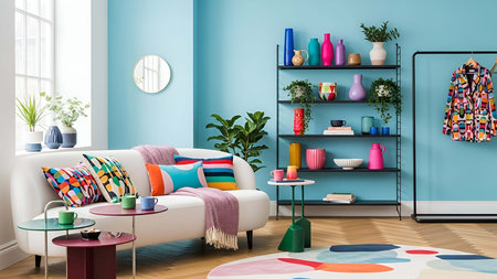 interior of modern living room with blue wall, 3d renderの写真素材