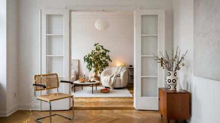 Modern living room interior design with sofa, coffee table and bookcase