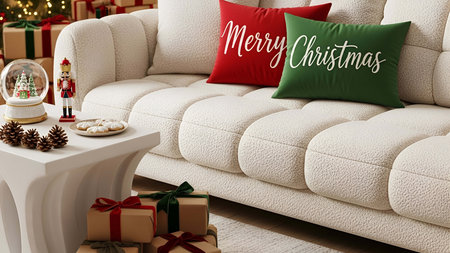 White sofa with green pillows and Christmas decorations in the living room