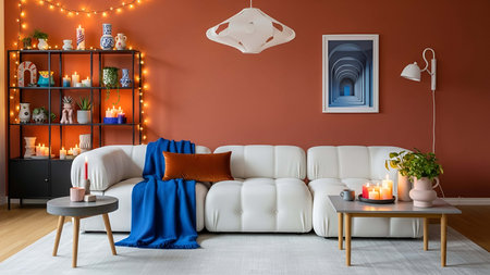 Cozy living room with a white sofa, a blue blanket and candles. 3d renderingの写真素材