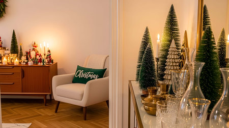 Christmas decoration in living room interior with fireplace and christmas tree.