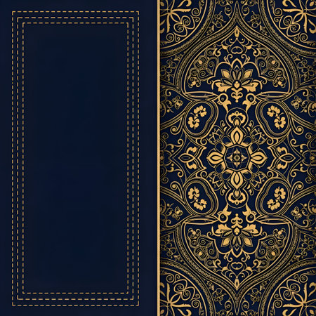 Floral showing title: intricate gold and dark blue decorative pattern with floral and geometric....