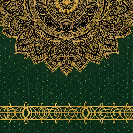 Green showing title: intricate gold mandala pattern on a dark green background with geometric...