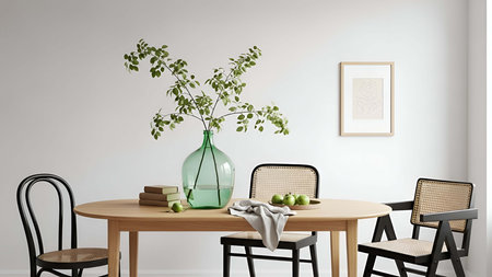 Modern dining room interior with wooden table and chairs - 3d rendering