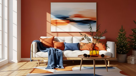 Interior of living room with orange sofa, coffee table and plant in vaseの写真素材