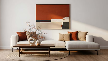 Interior design modern bright living room with white sofa 3D rendering