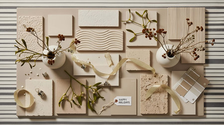Decorative elements made of natural materials on the background of a striped wallpaper