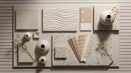 Top view of a set of decorative elements and materials for interior design.