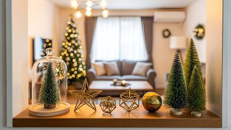 Christmas decoration in living room interior. Christmas tree, baubles, golden stars on shelf.
