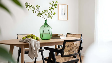 Interior of modern dining room with wooden table, chairs and plant