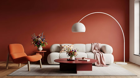 Interior of modern living room with red walls, wooden floor, orange sofa and orange armchair. 3d renderingの写真素材